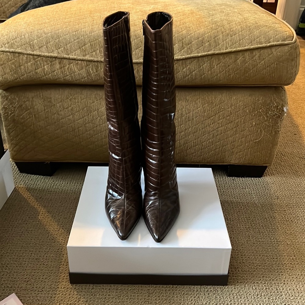 Leather Croc Heeled Boots